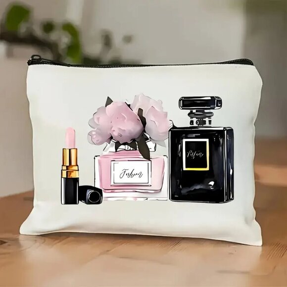 High Heels And Perfume Prints, Portable Zip Cosmetic Storage Bag - Picture 1 of 4